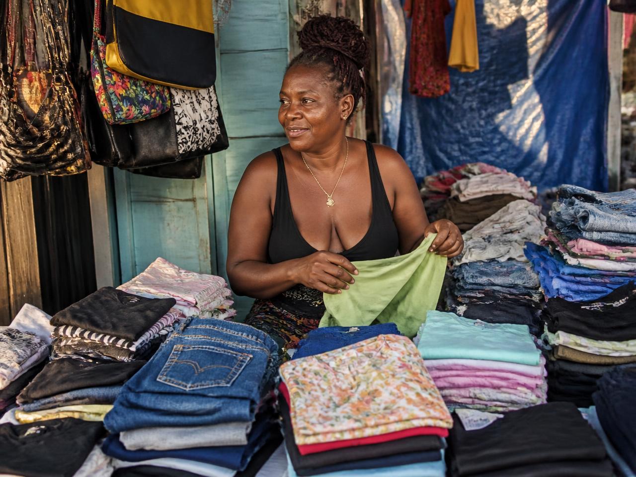 A vendor sitting among second-hand shoes in her market stall